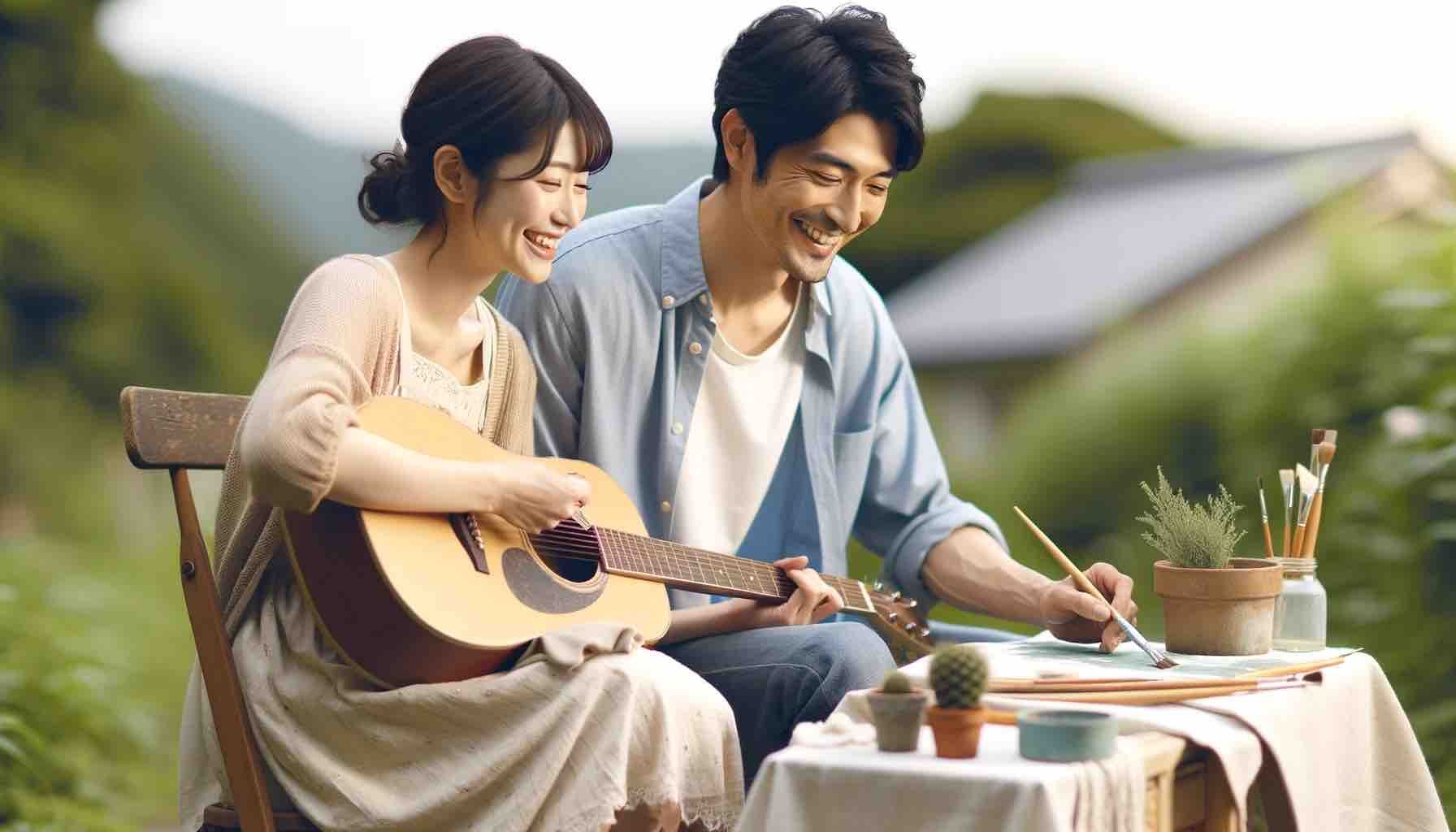 屋外でそれぞれの趣味を楽しむカップル
