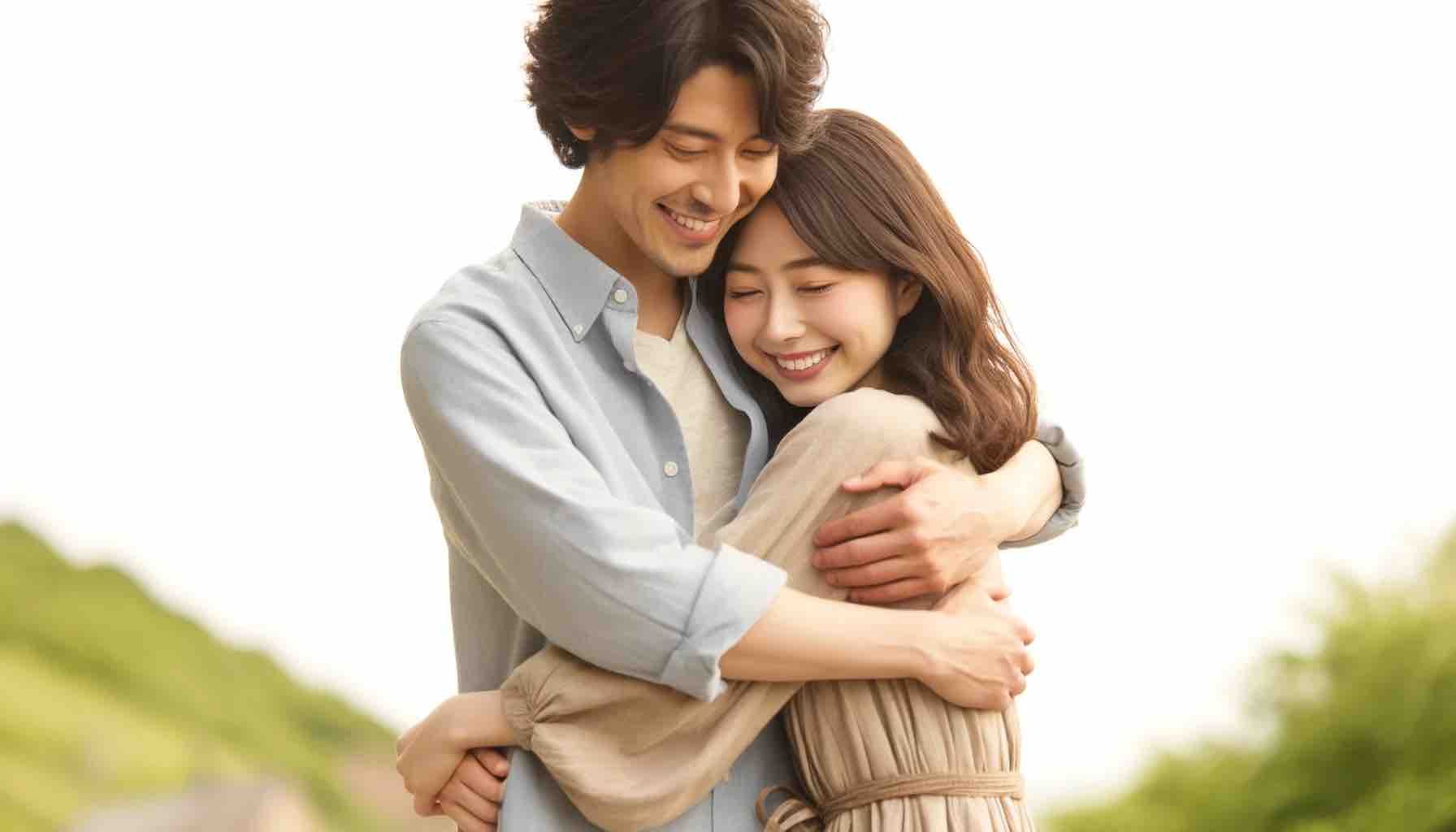 幸せな表情で屋外で抱き合うカップル