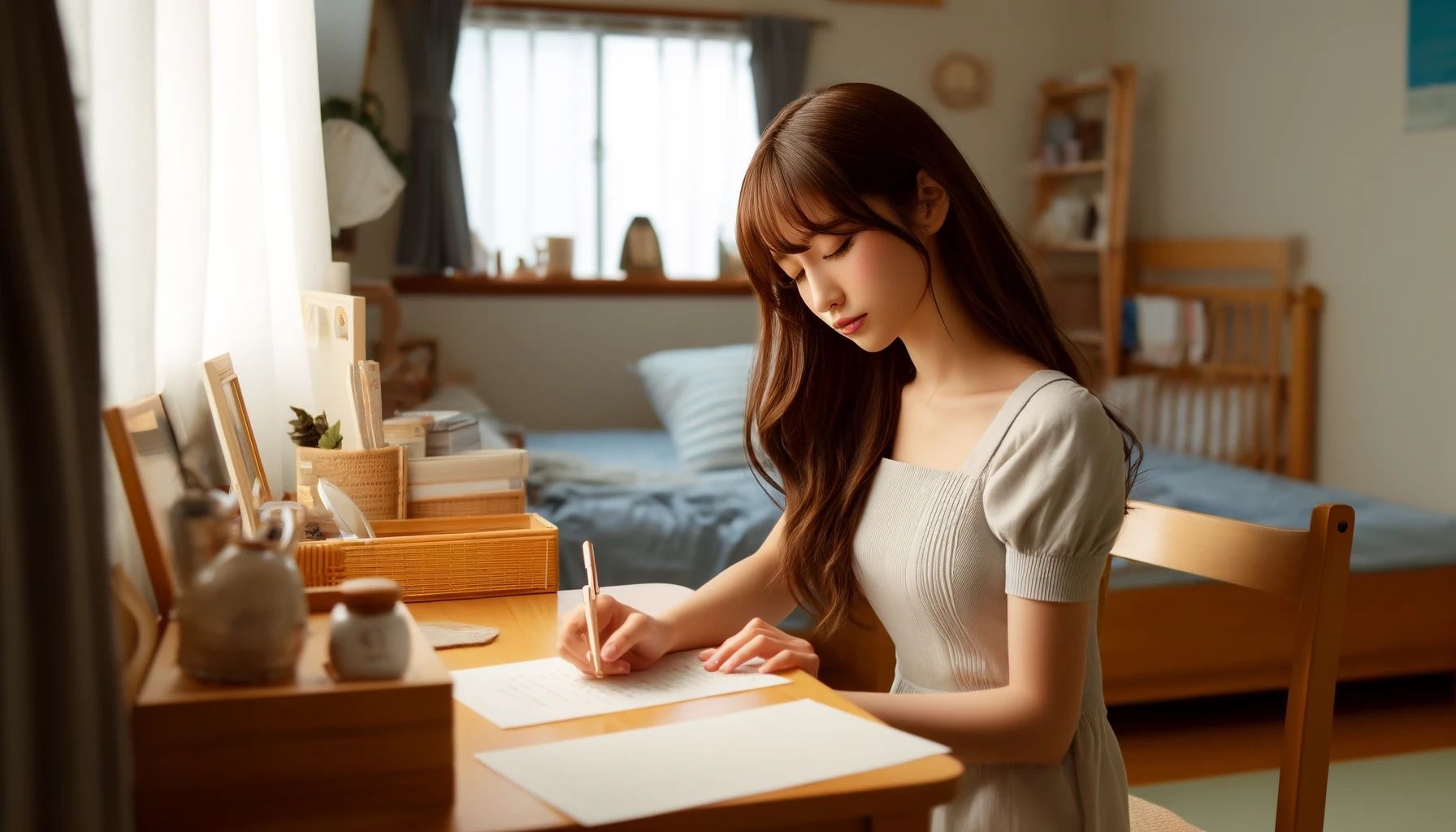 部屋のデスクに座ってノートを書く女性