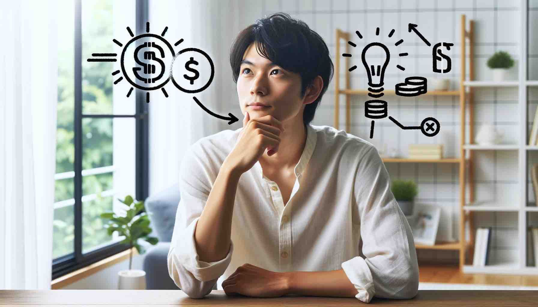 机に座って副業のアイデアを考える男性